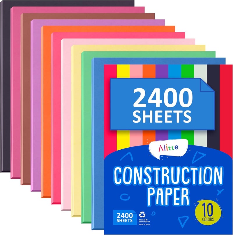 Alitte Construction Paper Assorted Colors - (2400 Sheets, 9x12), Craft Paper, 10 Bright Colors - Bulk Pack Arts & Crafts Projects - Colored Paper For Preschool, Home, And Classroom Supplies - Image 1